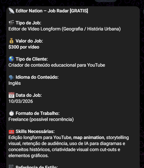 Vaga: Editor de Vídeo Longform (Geografia/História Urbana) — $300 por vídeo